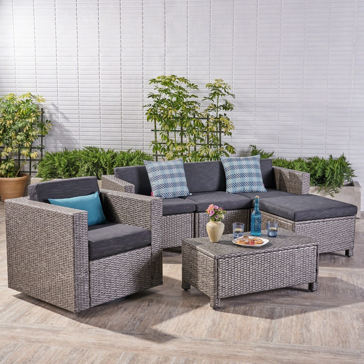 Buzz Outdoor 4 Seater Wicker L-Shaped Sectional Sofa Set With Cushions, Mixed Black With Dark Grey Cushions