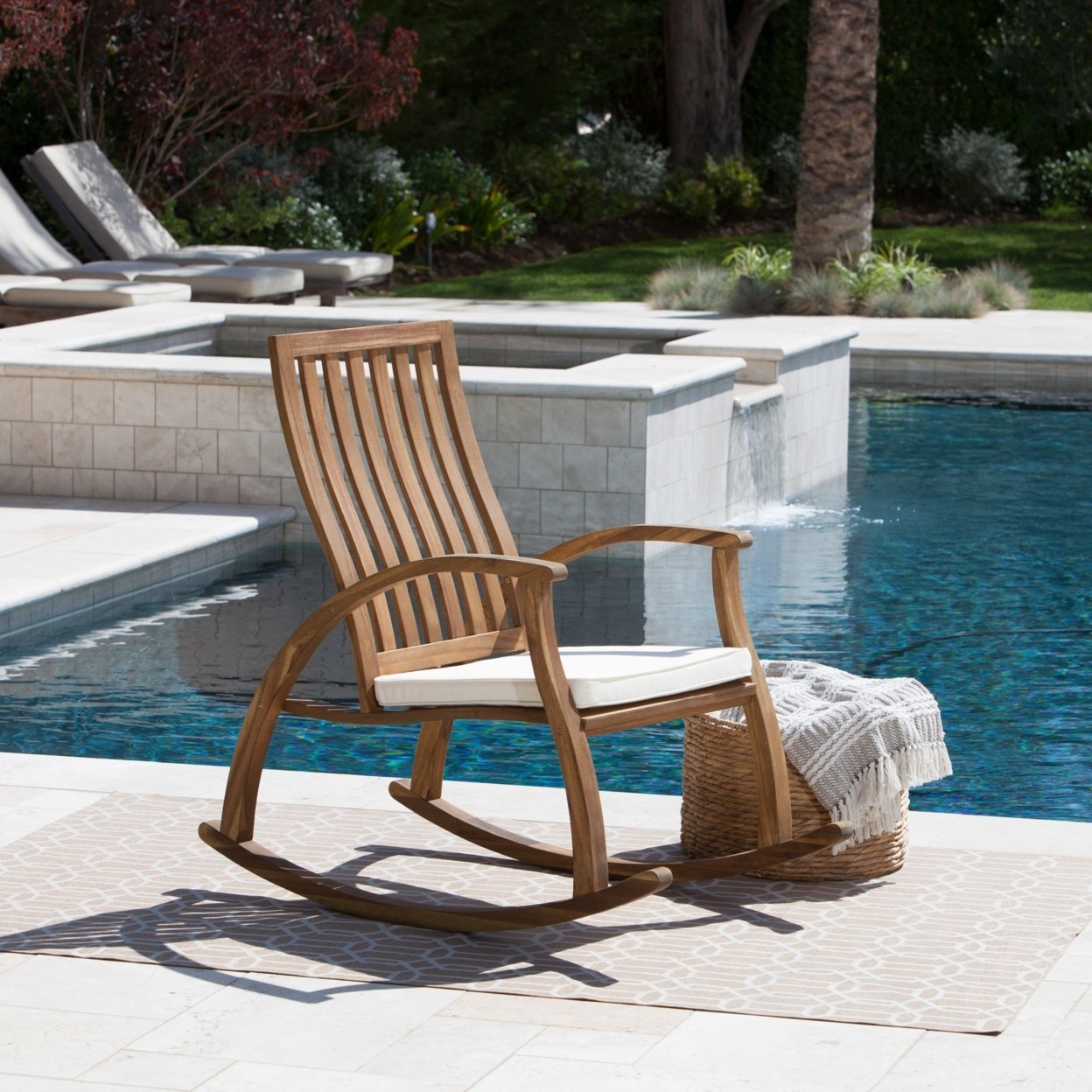Caleb Outdoor Acacia Wood Rocking Chair With Water Resistant Cushion - Natural Stained/Cream