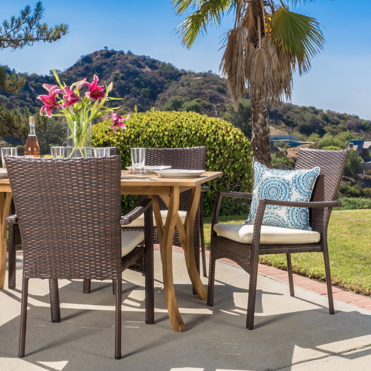 Caprise 7 Piece Outdoor Dining Set (Wood Table With Wicker Chairs)