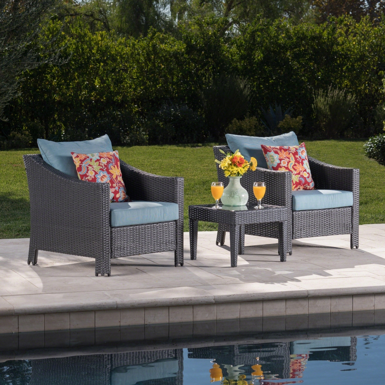 Caspian Outdoor 3 Piece Gray Wicker Chat Set With Teal Water Resistant Cushions