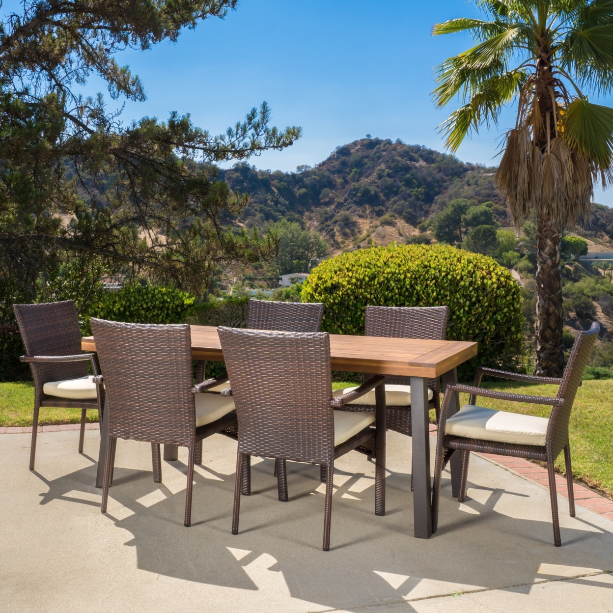 Castlelake 7 Piece Outdoor Dining Set (Wood Table With Wicker Chairs)