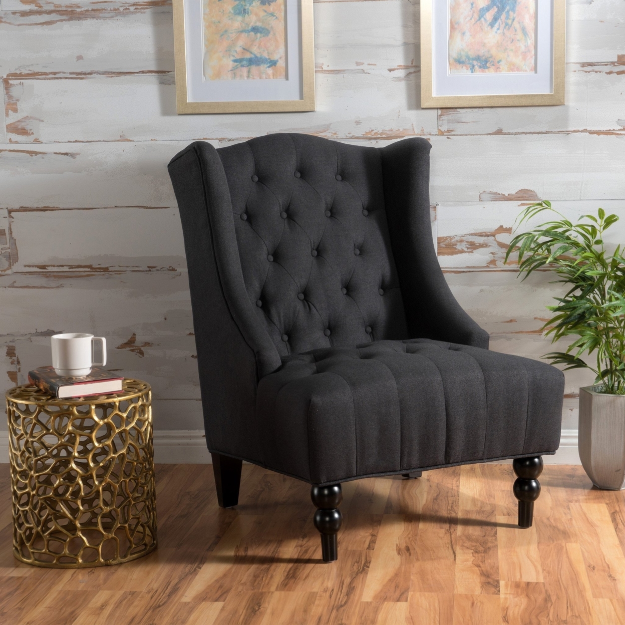 Clarice Wingback Tufted Fabric Accent Chair - Charcoal