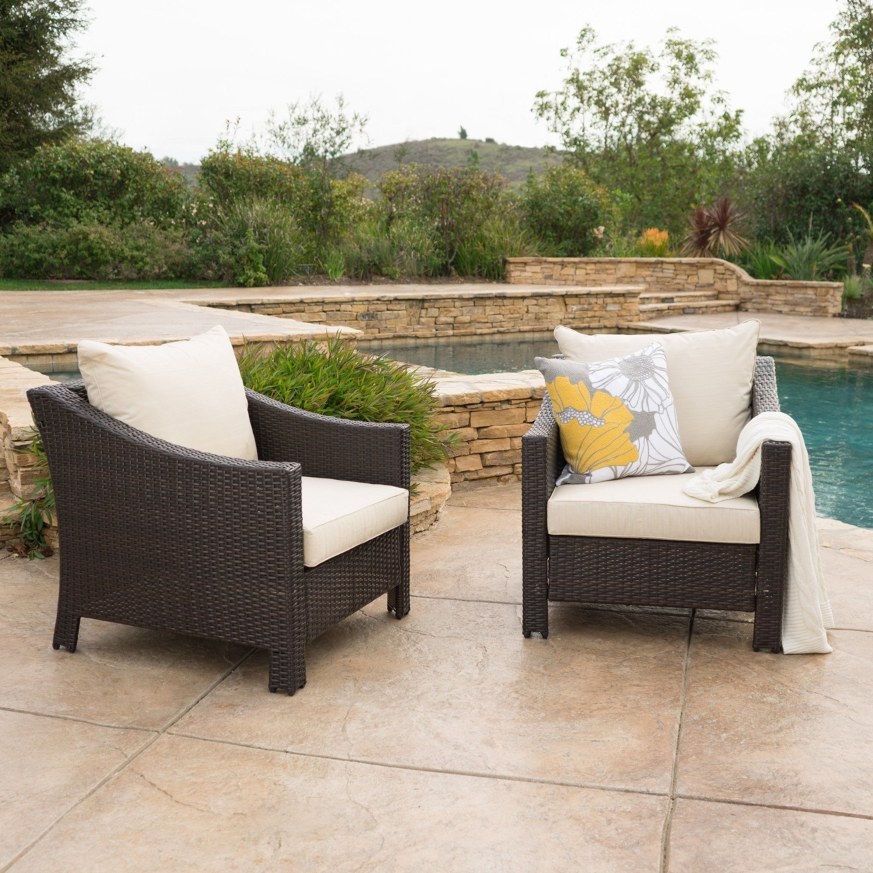 Cortez Outdoor Wicker Club Chair With Water Resistant Cushions (Set Of 2) - MultiBrown/Beige