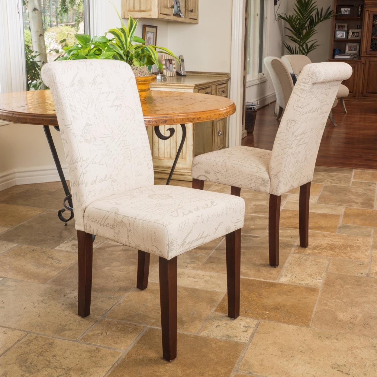 Cosette Script Printed Beige Linen Dining Chairs (Set Of 2)