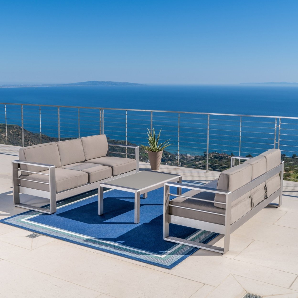 Crested Bay Outdoor Aluminum 3-Piece Sofa Set With Khaki Cushions