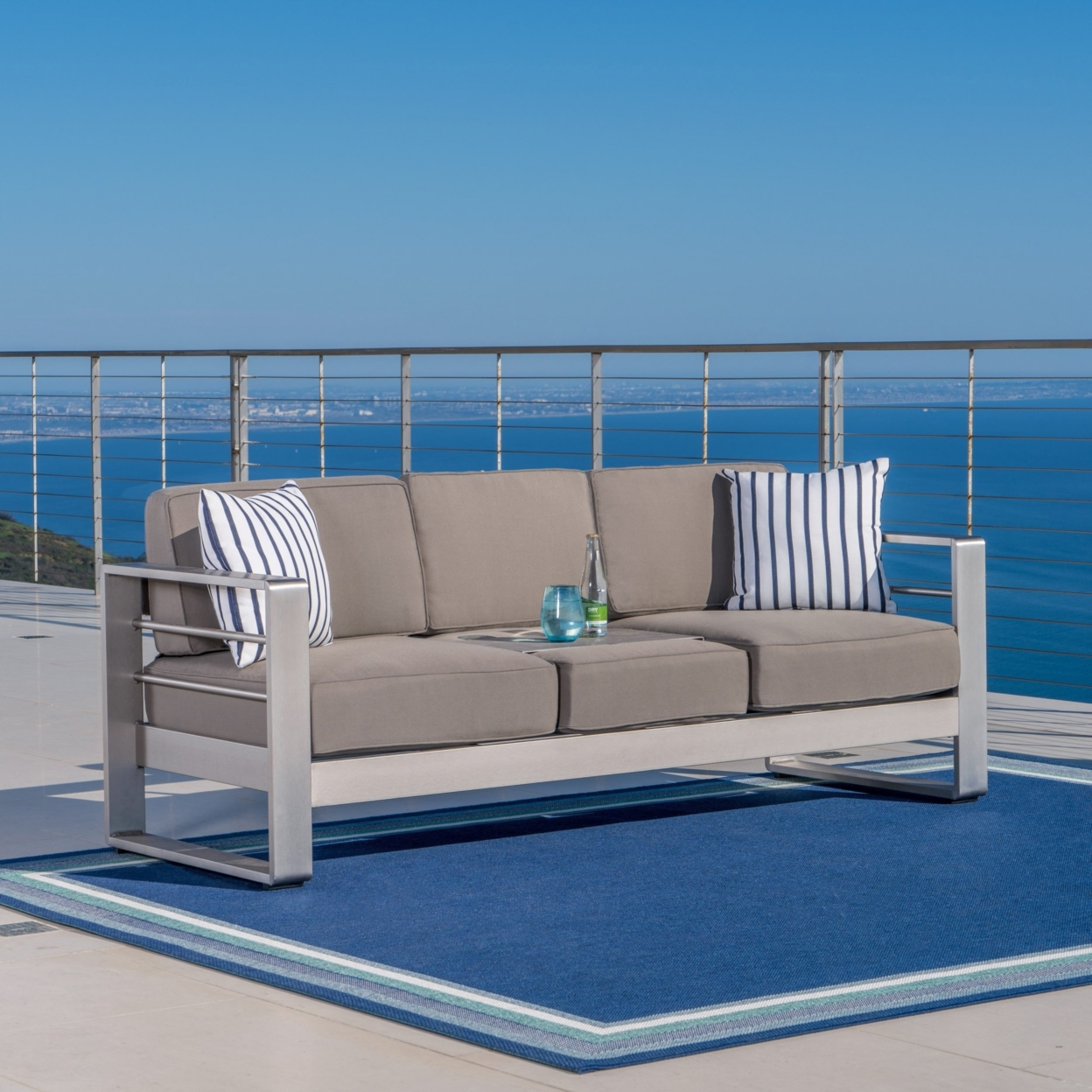 Crested Bay Outdoor Aluminum Khaki Sofa With Tray