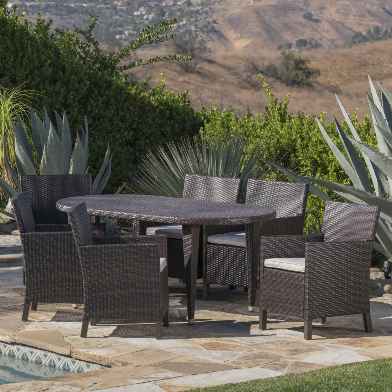 Crete Outdoor 7 Piece Wicker Oval Dining Set With Water Resistant Cushions - Multi-brown