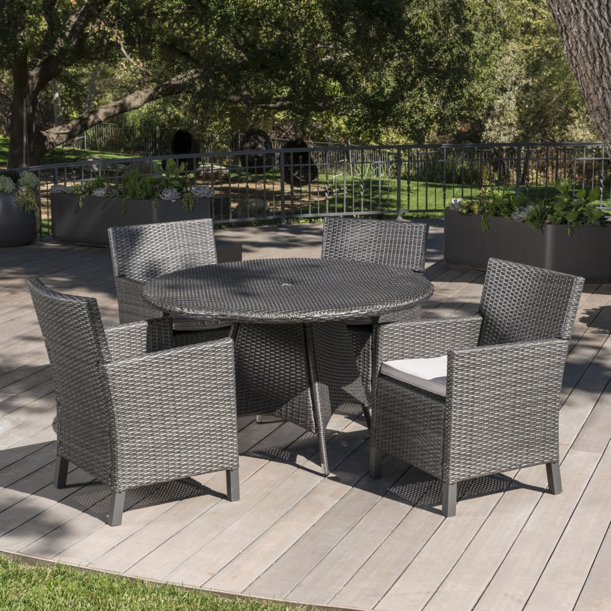Cyril Outdoor 5 Piece Wicker Round Dining Set With Water Resistant Cushions - Multibrown