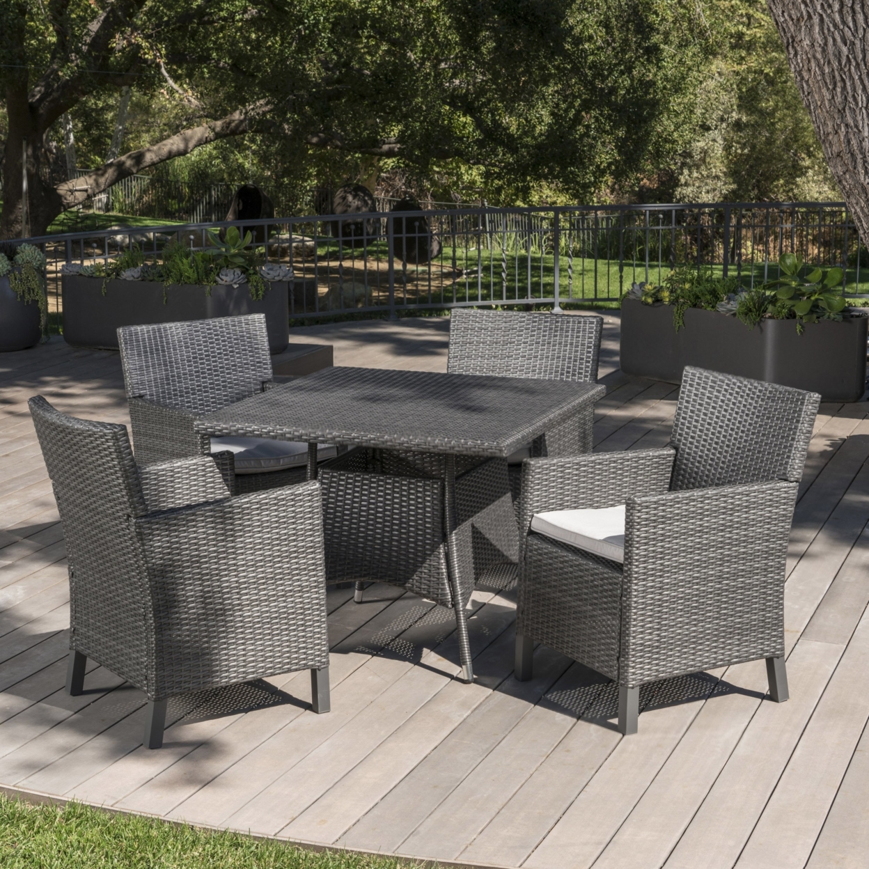Cyril Outdoor 5 Piece Wicker Square Dining Set With Water Resistant Cushions - Multi-brown/Light Brown