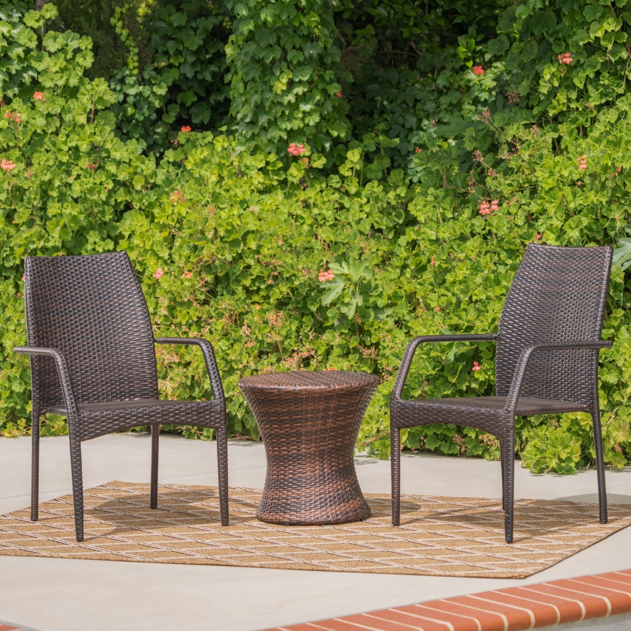 Dawson Outdoor 3 Piece Multi-brown Wicker Stacking Chair Chat Set - Skirted Hour Glass Table, Brown