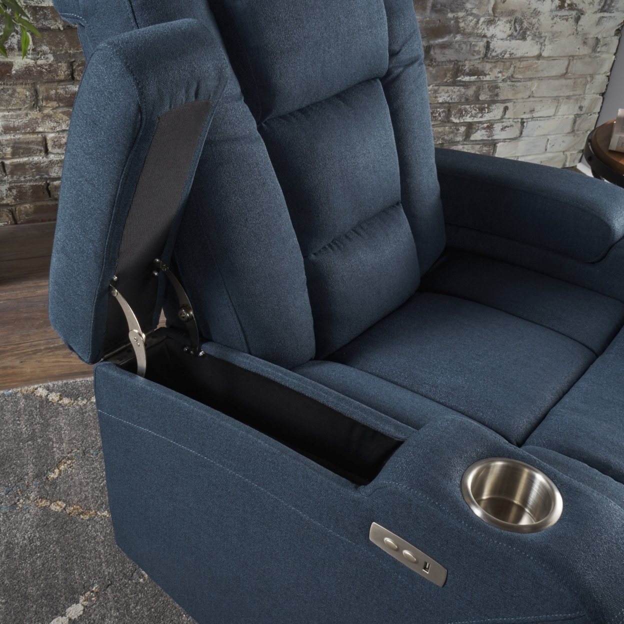Everette Tufted Navy Blue Fabric Power Recliner With Arm Storage And USB Cord