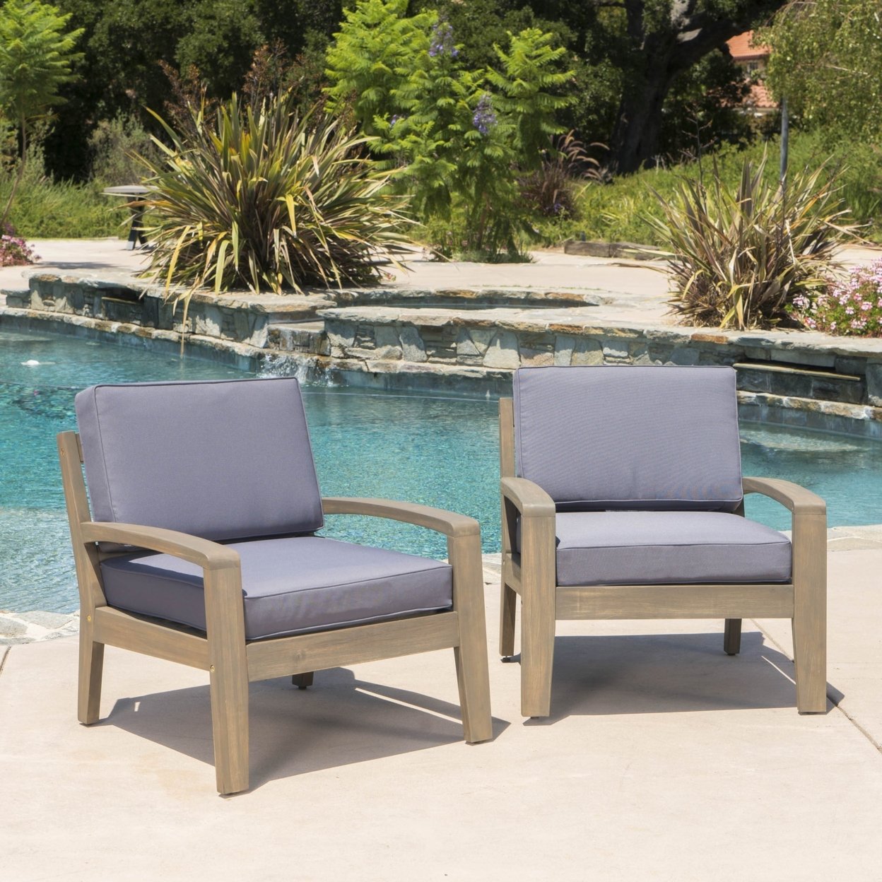 Giselle Outdoor Acacia Wood Club Chairs With Sunbrella Cushions - Gray, Set Of 2