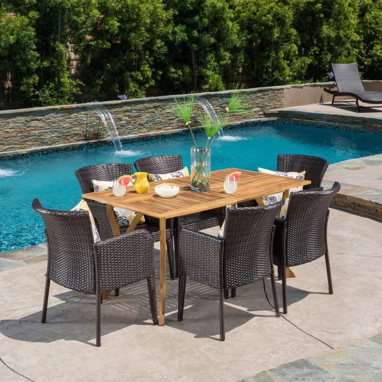 Helton 7 Piece Outdoor Dining Set (Wood Table With Wicker Chairs)