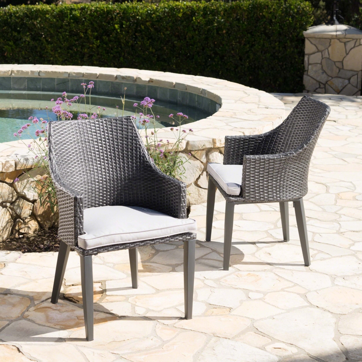 Hillcrest Outdoor Wicker Dining Chairs With Water Resistant Cushions (Set Of 2) - Gray/Light Gray