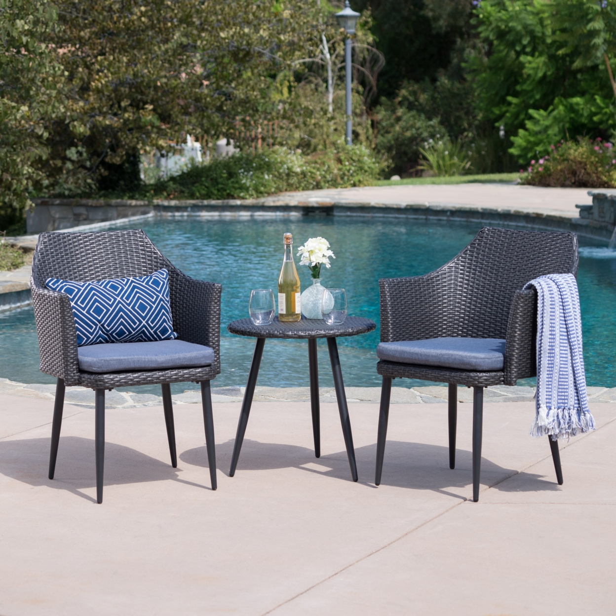 Ibiza Outdoor 3 Piece Wicker Chat Set With Water Resistant Cushions - Textured Beige, Brown Wicker