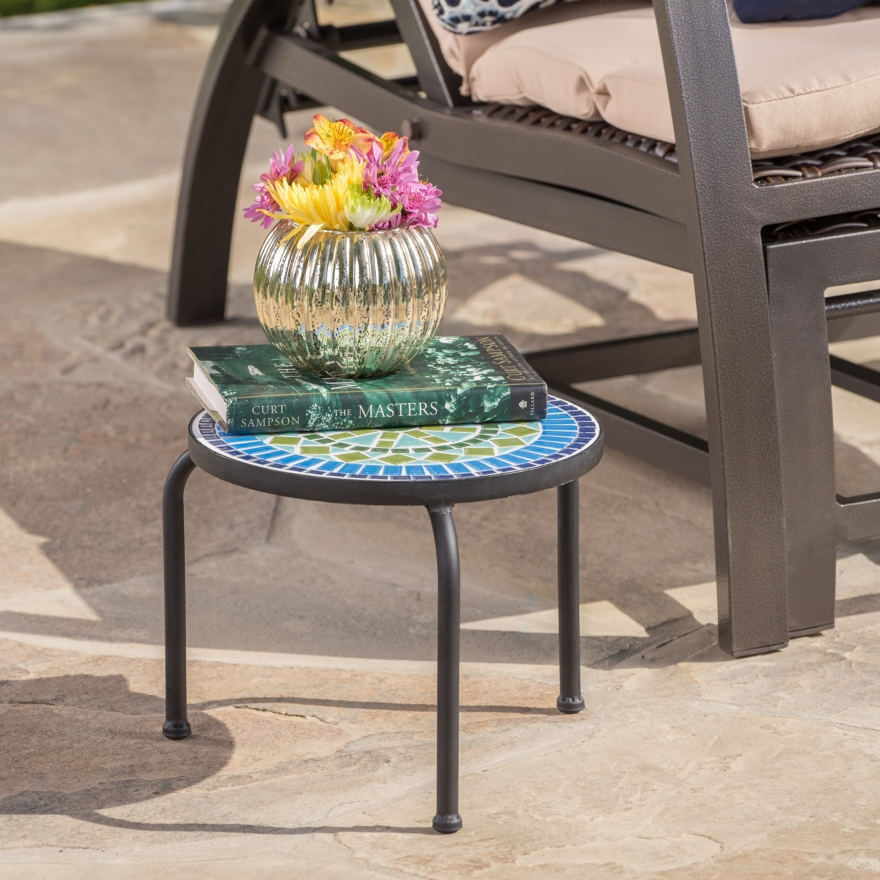 Iris 10 Inch Outdoor Ceramic Top Side Table, Blue, Green, And Black