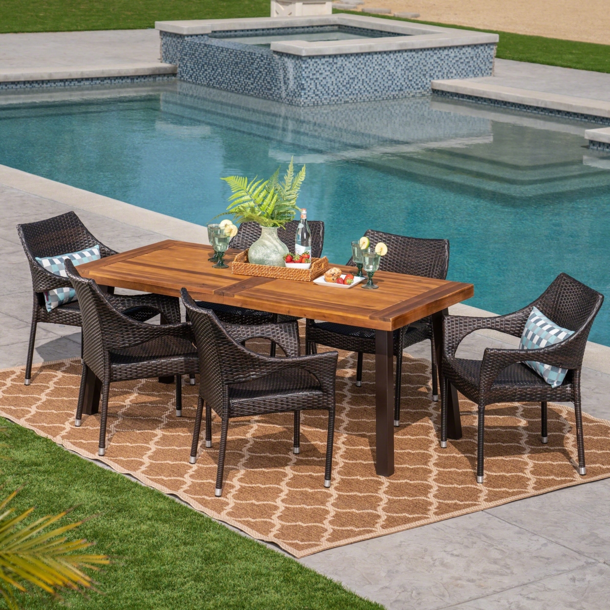 Jerome Outdoor 7 Piece Acacia Wood/ Wicker Dining Set, Teak Finish And Multibrown