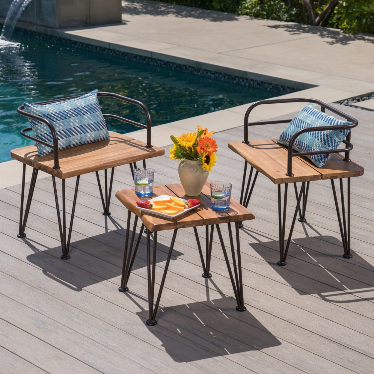 Keira Outdoor Rustic Industrial Acacia Wood End Table Chat With Metal Hairpin Legs