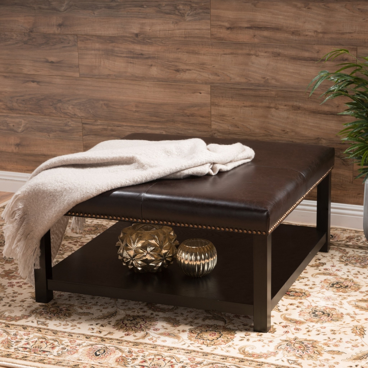 Kelapith Contemporary Leather Ottoman Brown Bench With Rack