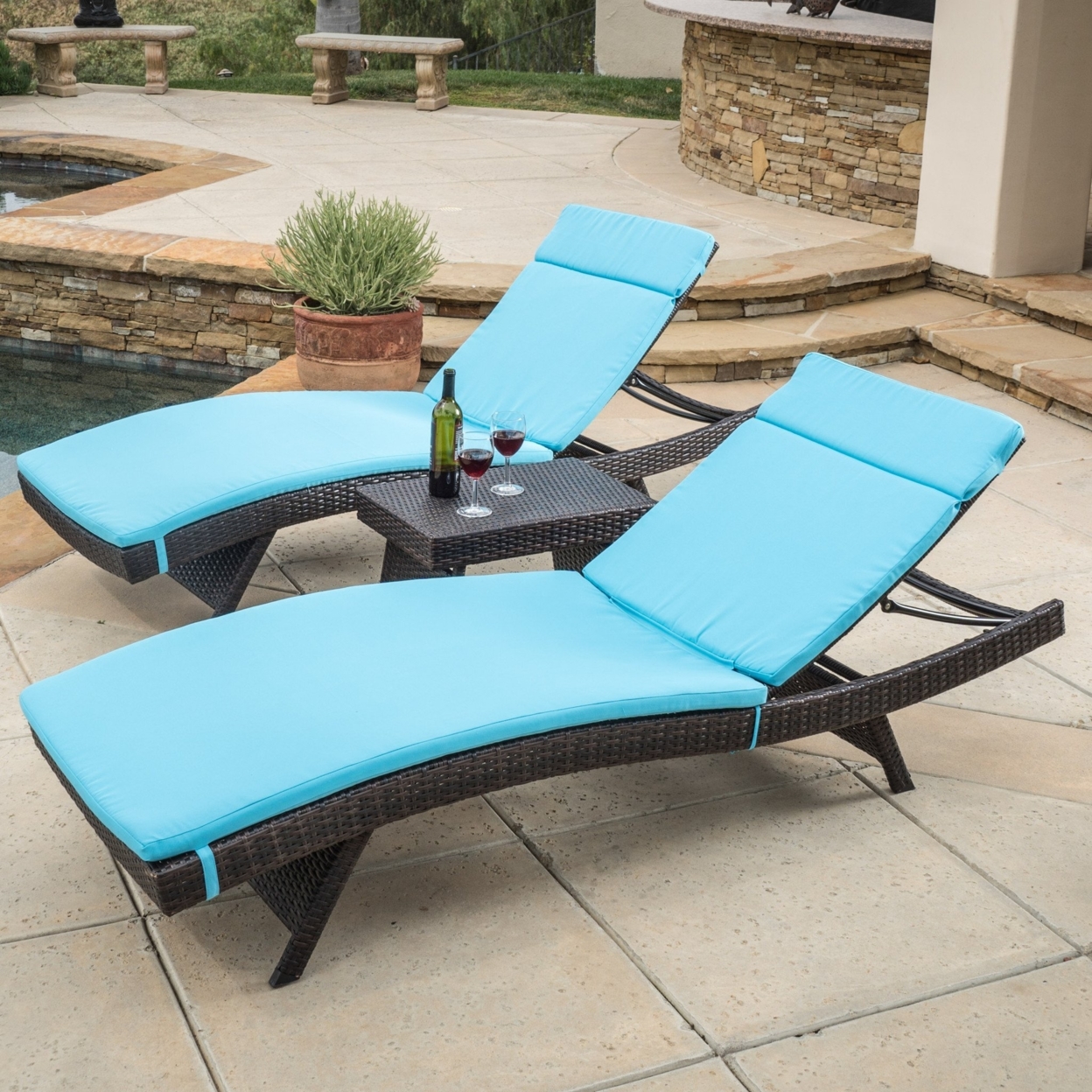 Lakeport Outdoor 3pc Adjustable Blue Chaise Lounge Chair Set