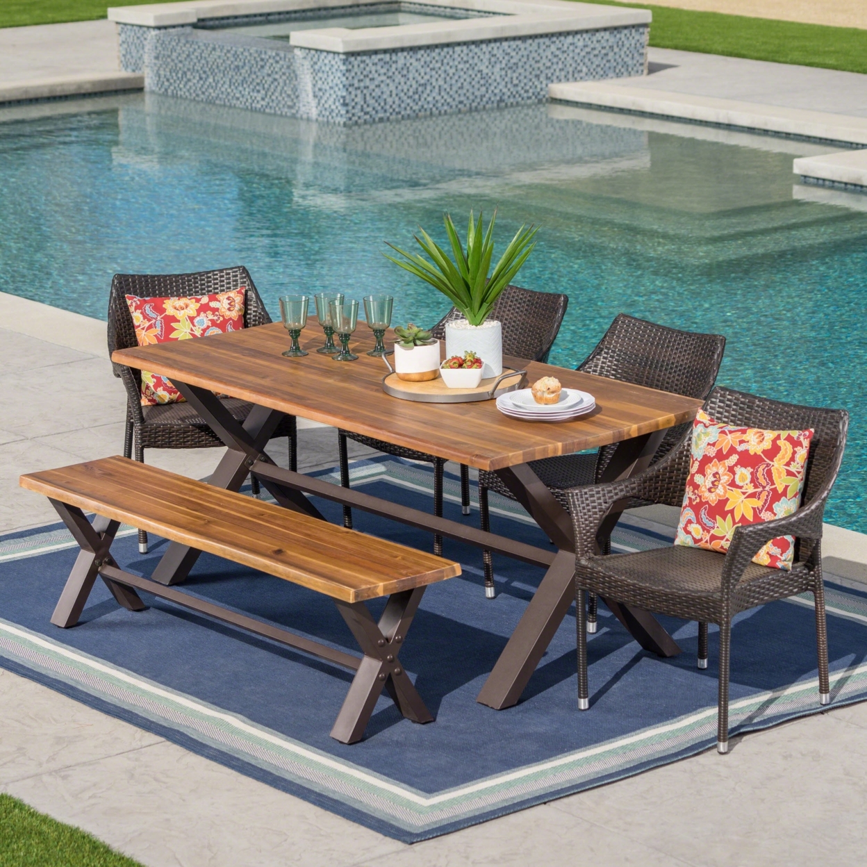 Lakeside Outdoor 6 Piece Acacia Wood Dining Set With Wicker Stacking Chairs
