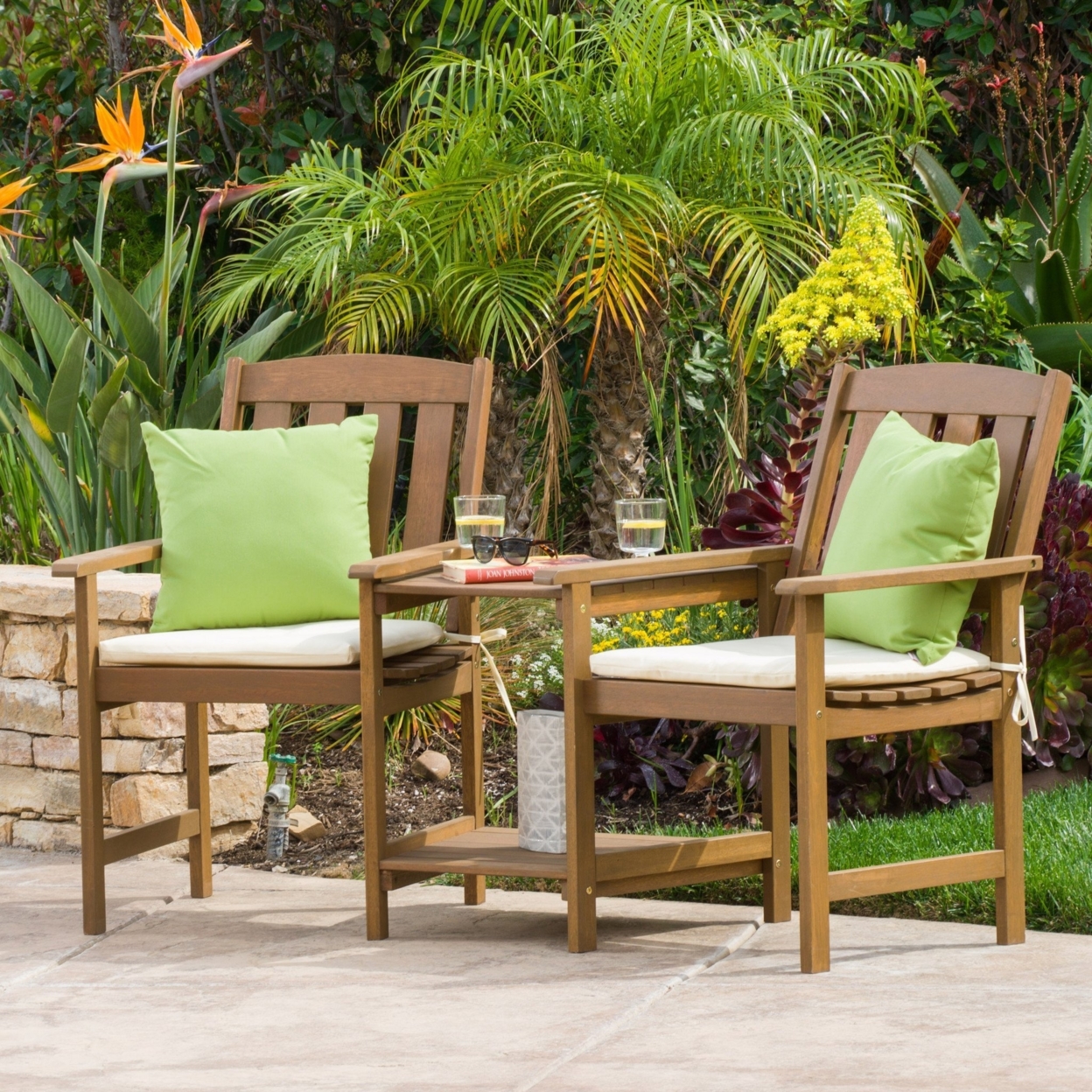 Las Brisas Outdoor Wood Adjoining 2-Seater Chairs With Cushions