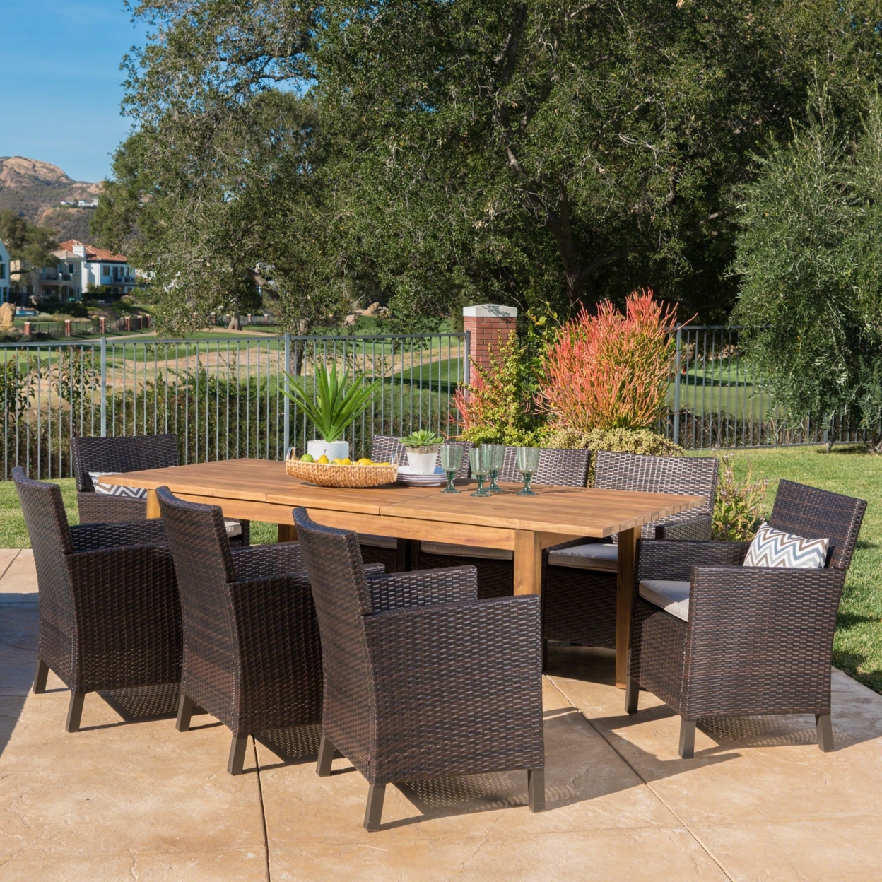 Lilith Outdoor 9 Piece Multibrown Wicker Dining Set