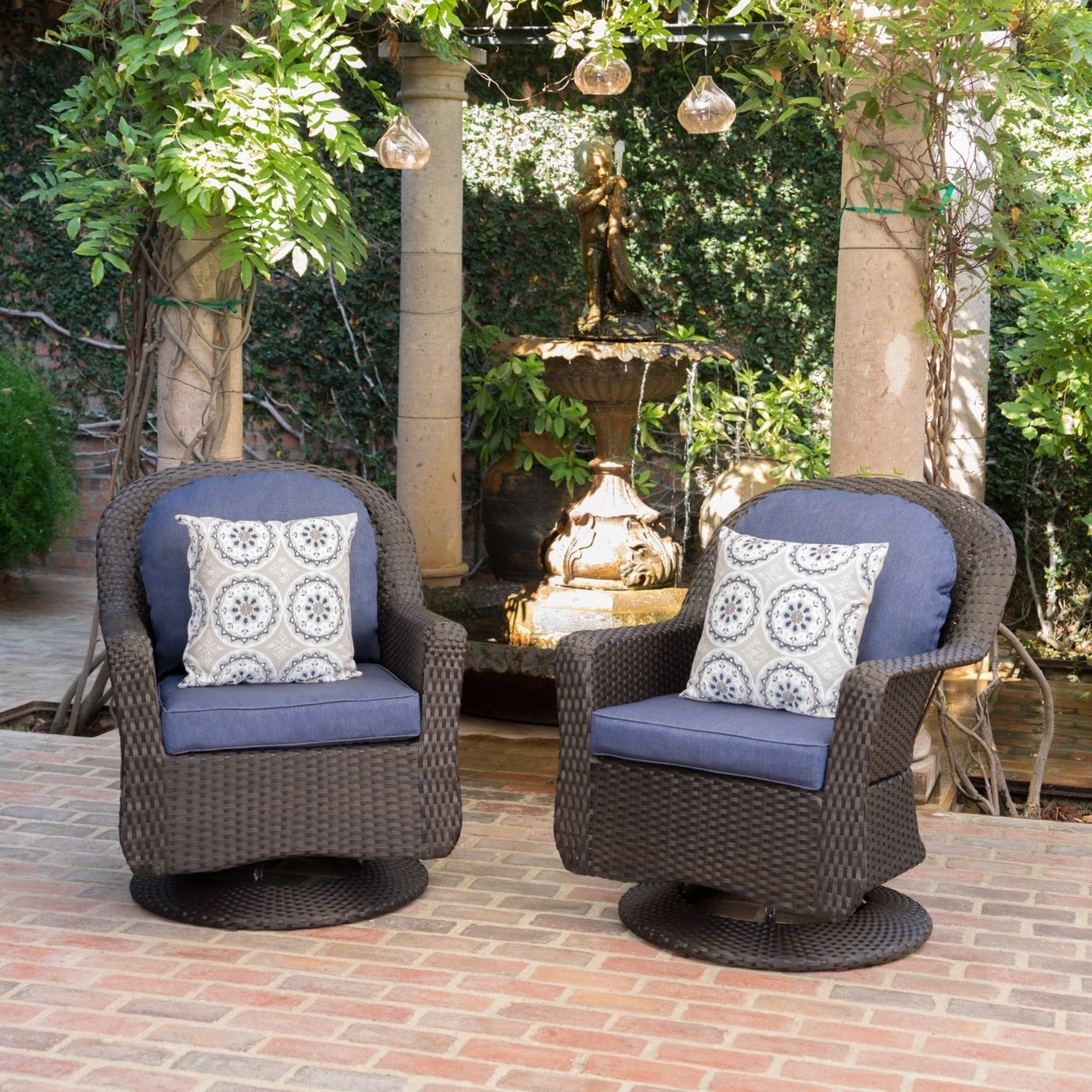 Linsten Outdoor Wicker Swivel Club Chairs With Water Resistant Cushion - Set Of 2, Dark Brown Wicker