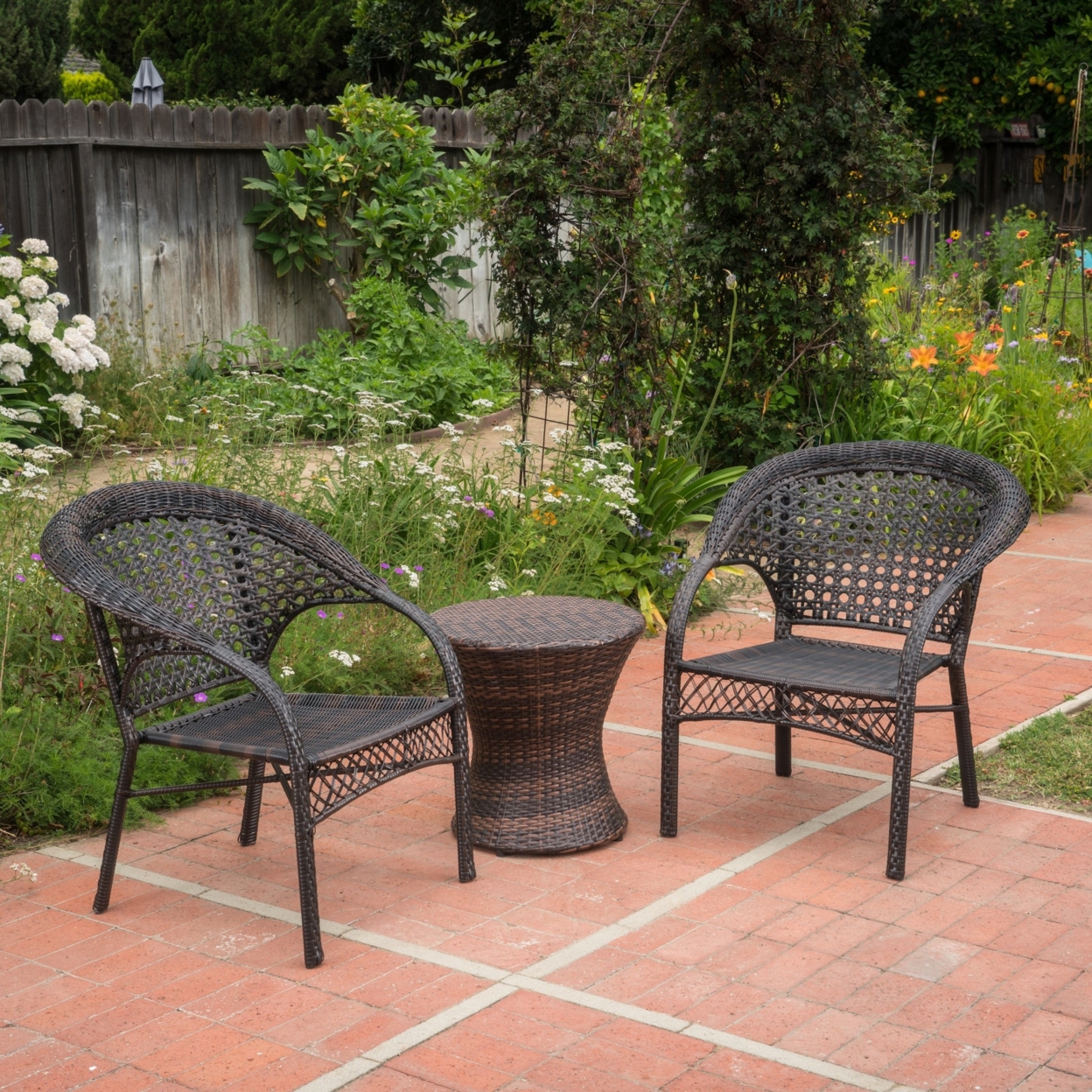 Mystic Outdoor 3 Piece Multi-brown Wicker Stacking Chair Chat Set - Trapezoid Table, Brown