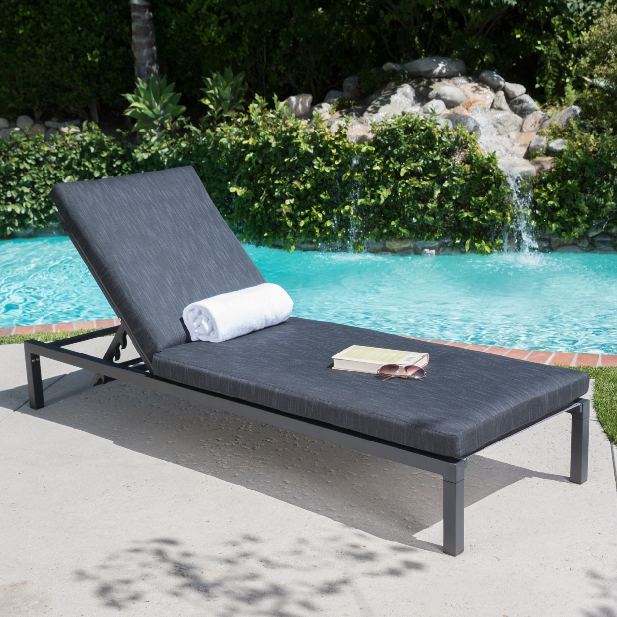 Nealie Outdoor Mesh Aluminum Frame Chaise Lounge With Water Resistant Cushion - Dark Gray, Single