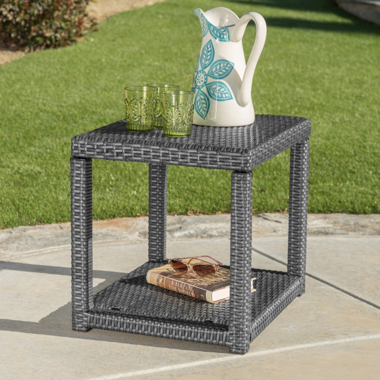 Parham Outdoor 3 Piece Grey Wicker Stacking Chair Chat Set - Box Table, Grey