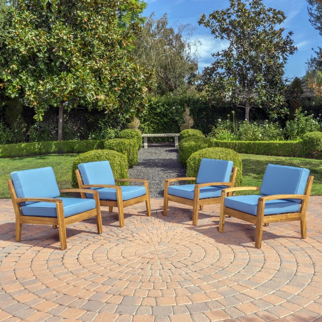 Parma Outdoor Acacia Wood Club Chairs With Cushions (Set Of 4) - Blue