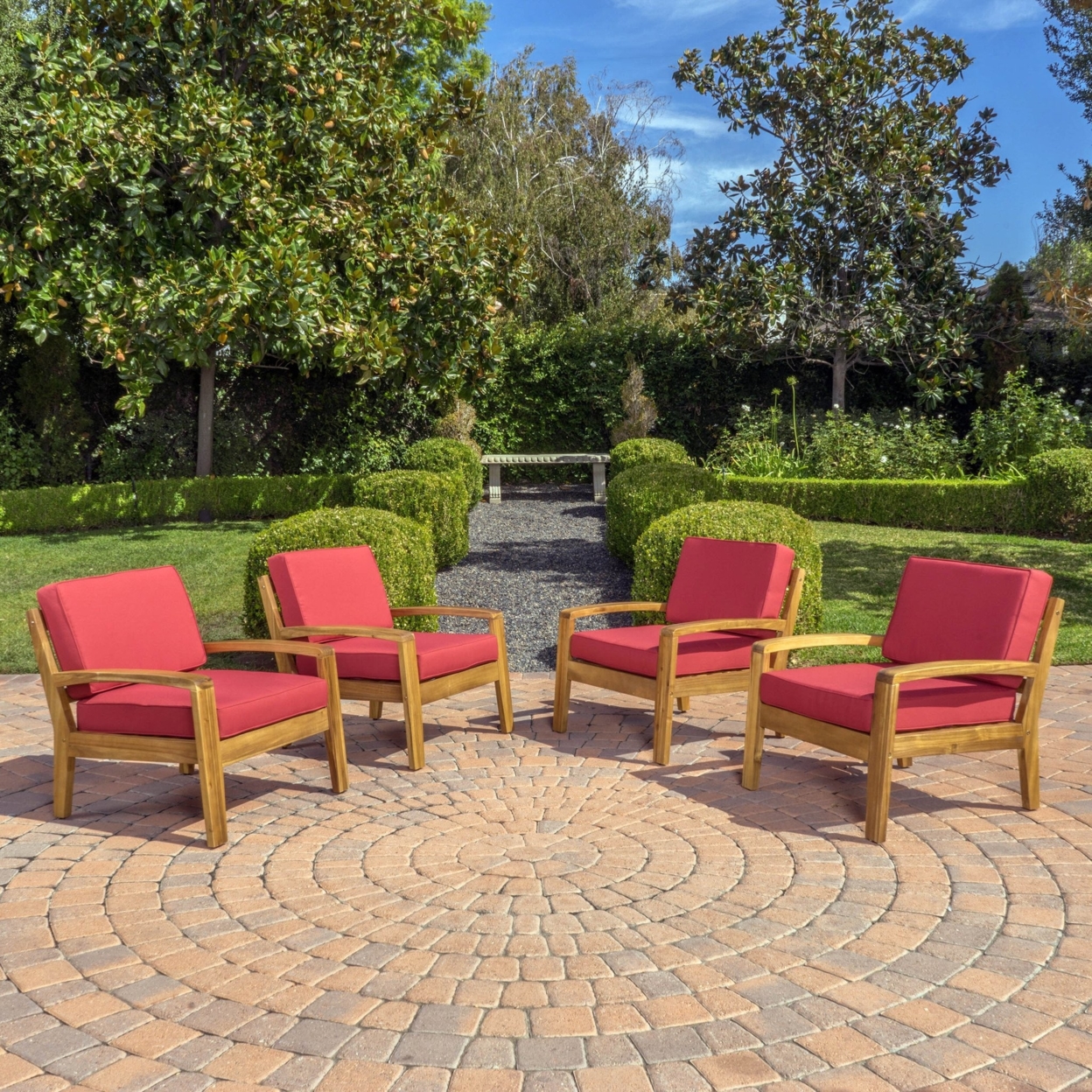 Parma Outdoor Acacia Wood Club Chairs With Cushions (Set Of 4) - Red