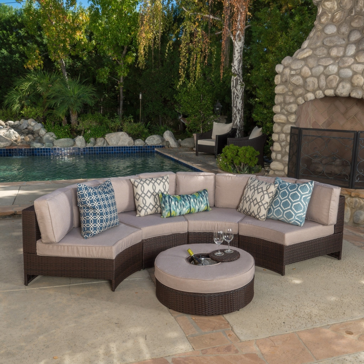 Riviera 5pc Outdoor Sectional Sofa Set With Ice Bucket Ottoman - Beige