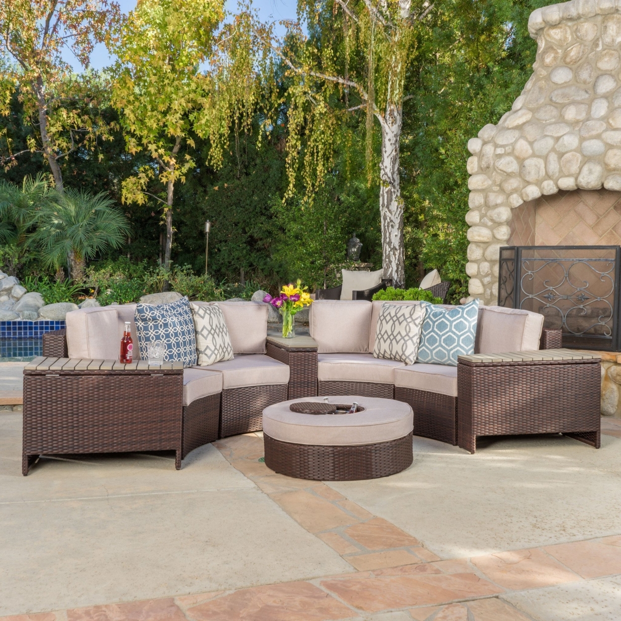 Riviera 8pc Outdoor Sectional Sofa Set With Storage Trunks & Ice Bucket - Beige