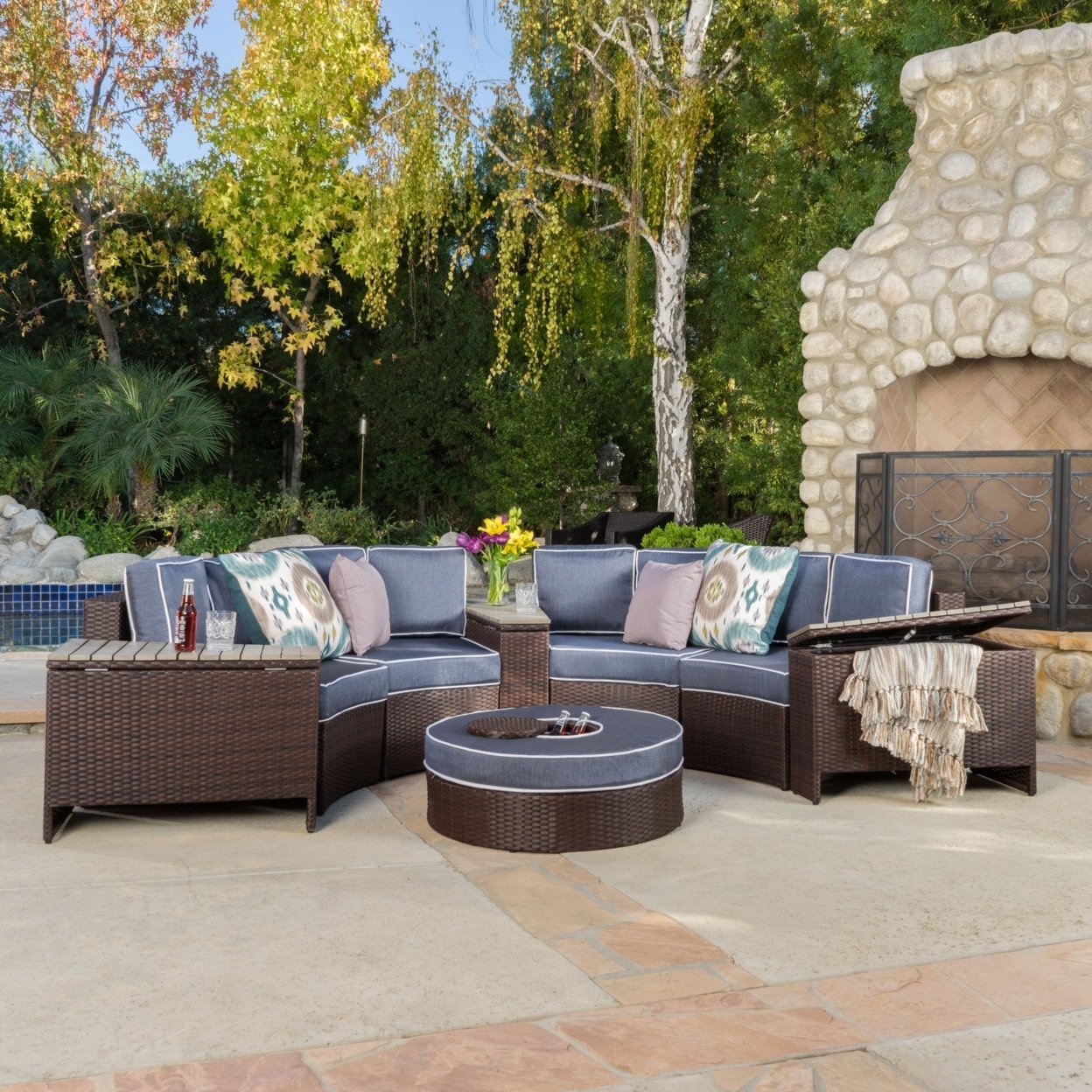 Riviera 8pc Outdoor Sectional Sofa Set With Storage Trunks & Ice Bucket - Beige