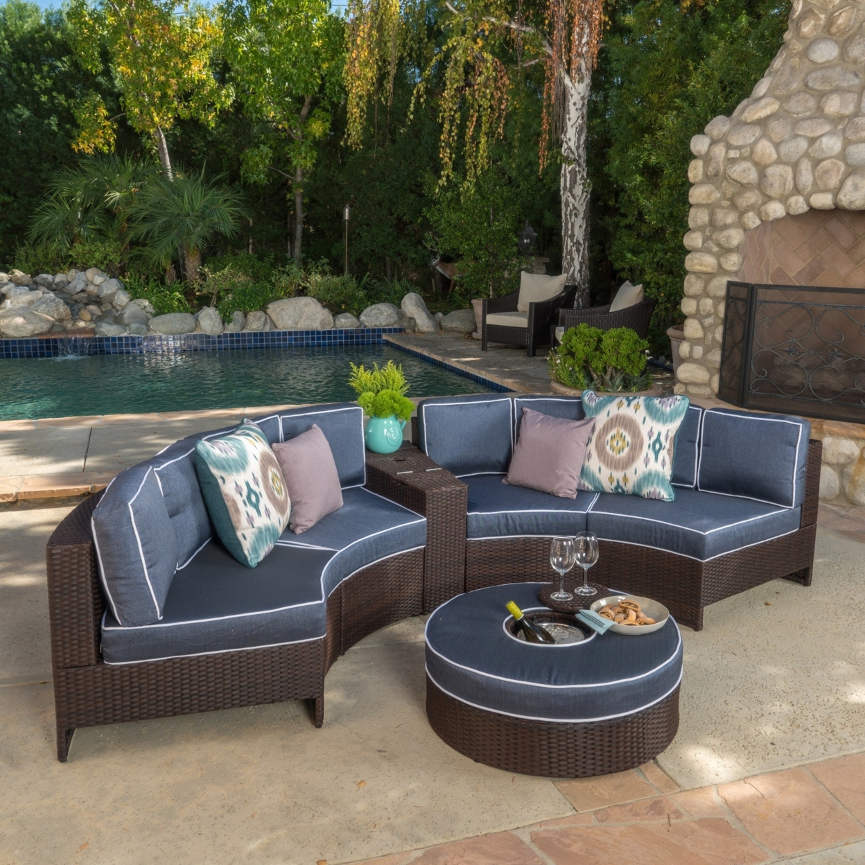 Riviera 6pc Outdoor Sectional Sofa Set With Storage Trunk & Ice Bucket - Blue
