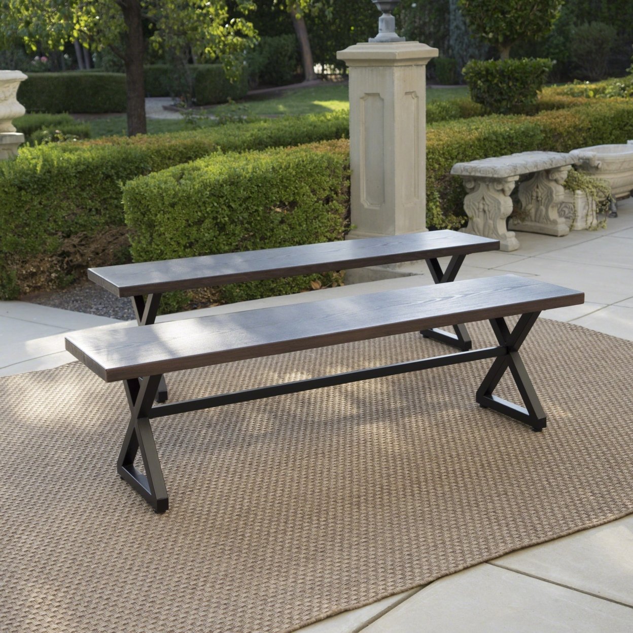 Rosarito Outdoor Aluminum Dining Bench With Black Steel Frame (Set Of 2) - Brown