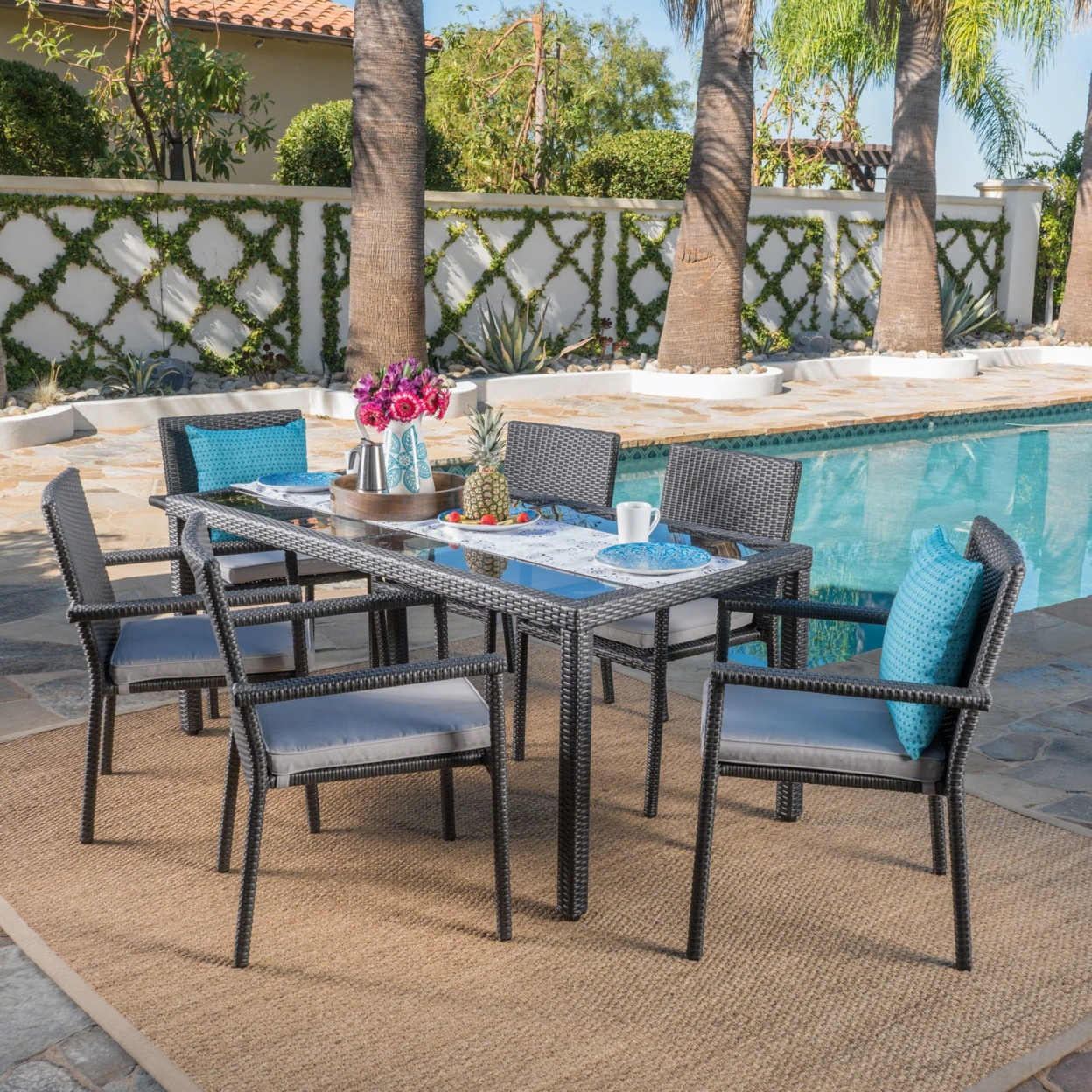 San Simeon Outdoor 7 Piece Wicker Dining Set With Water Resistant Cushions - Gray/Silver