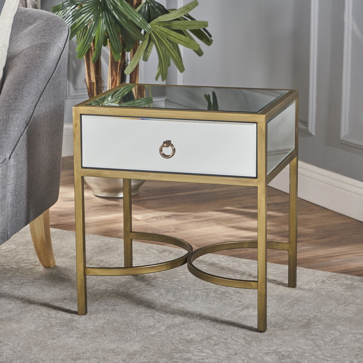 Siryen Modern Mirror Finished Side Table With Gold Iron Accents