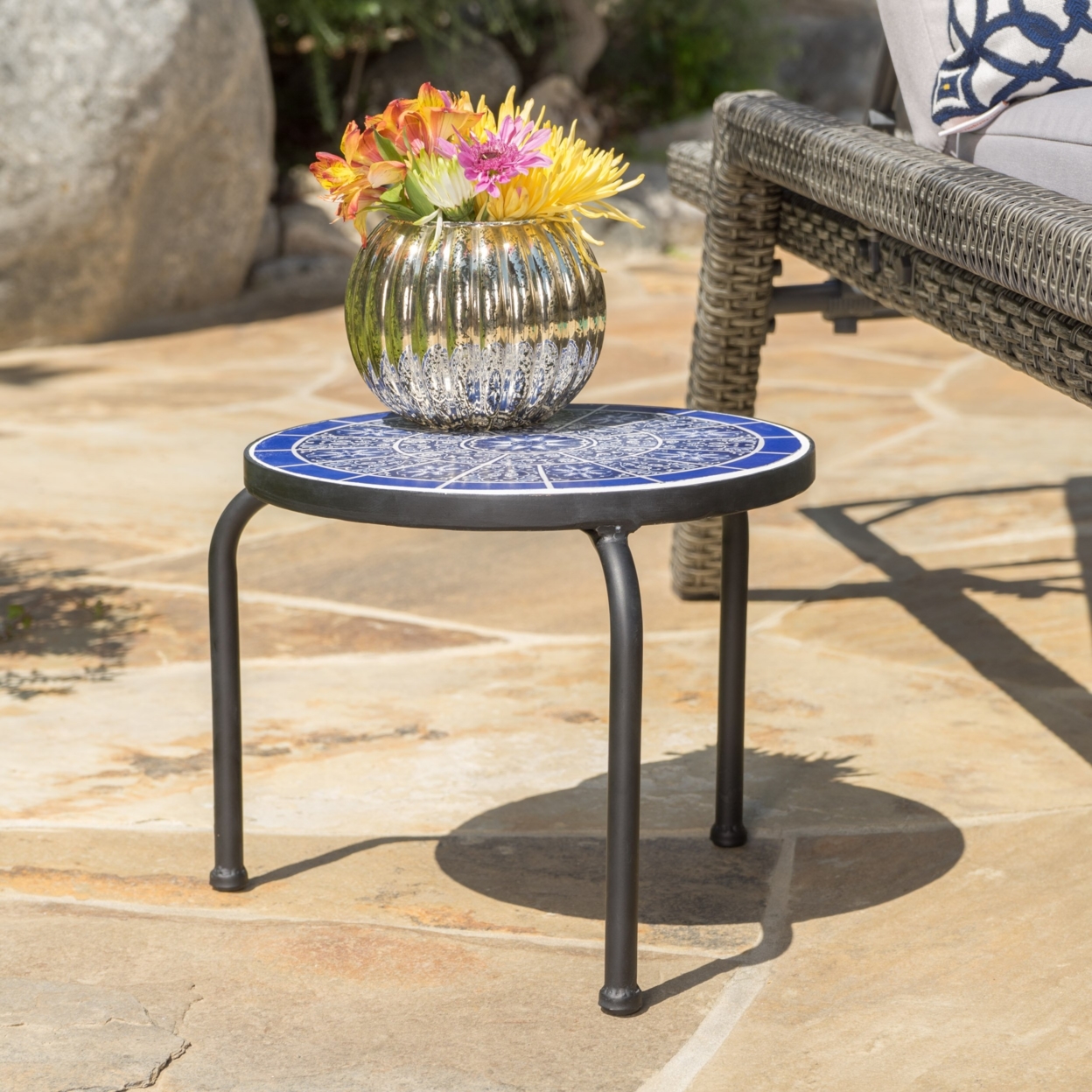 Slate 10 Inch Outdoor Ceramic Top Side Table, Blue, White, And Black