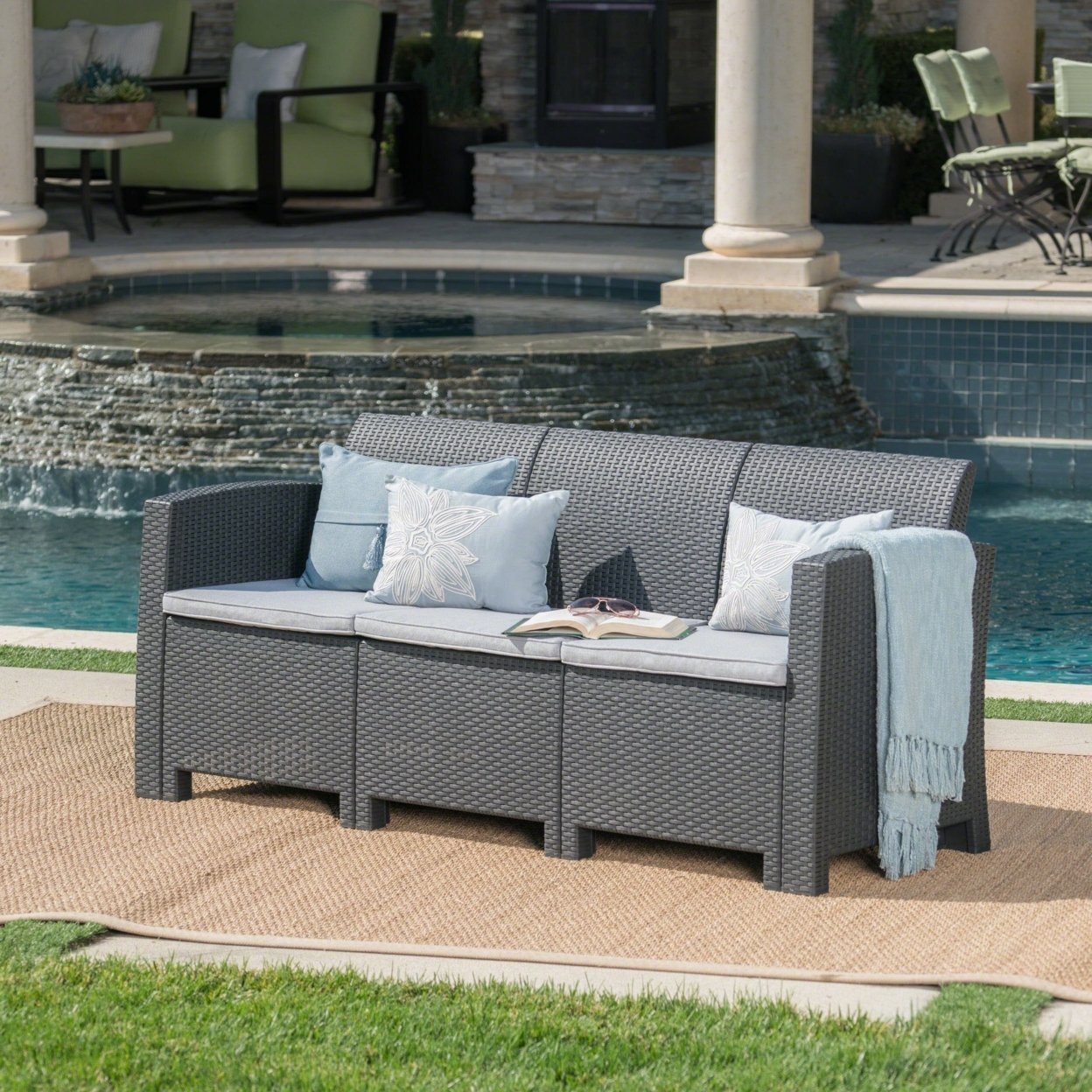 St. Pete Outdoor 3 Seat Faux Wicker Rattan Style Sofa - Brown, Mixed Beige