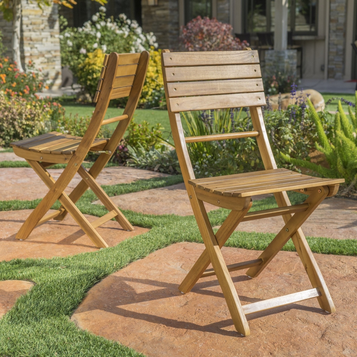 Vicaro Outdoor Natural Finish Acacia Wood Foldable Dining Chairs (Set Of 2)