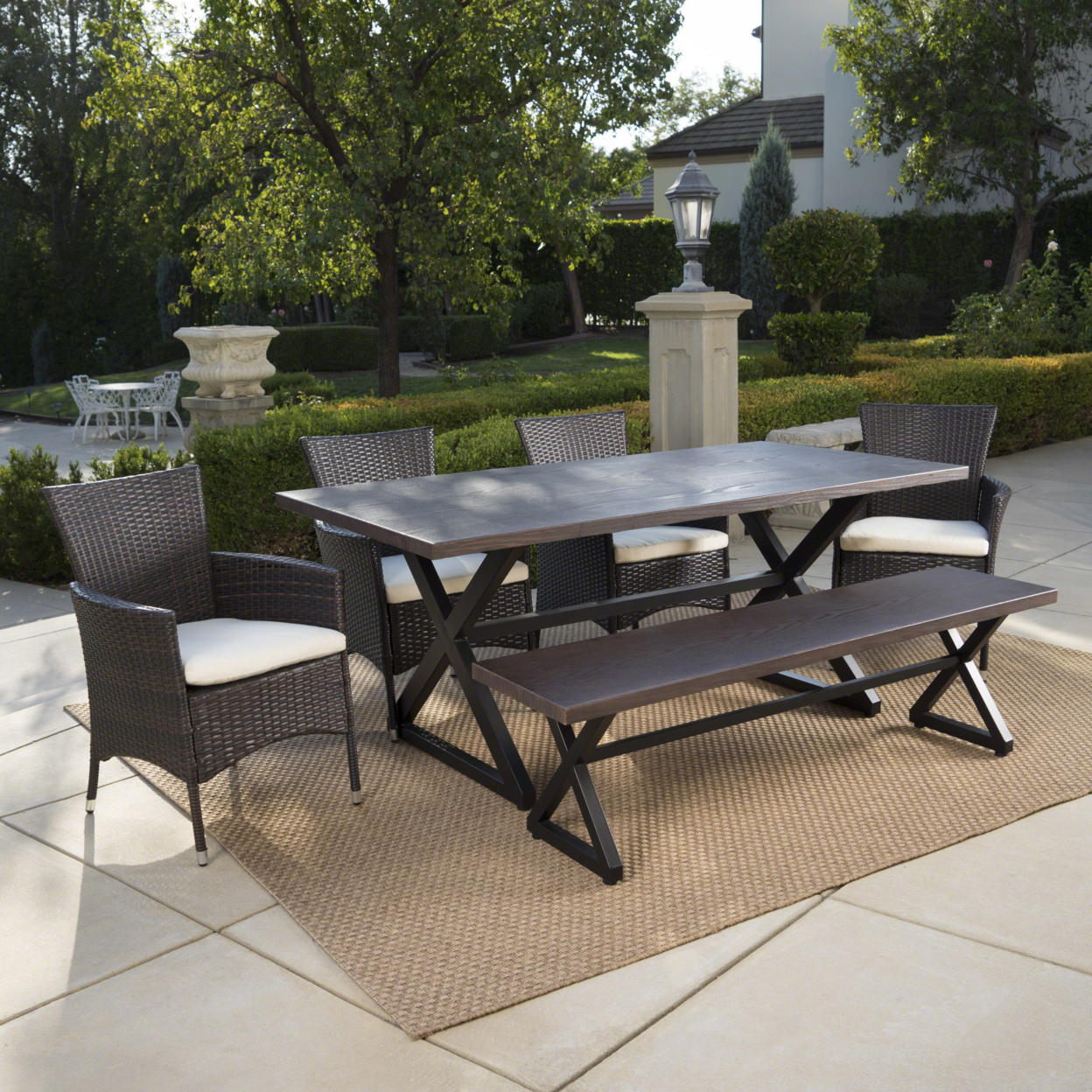 Owenburg Outdoor 6 Piece Aluminum Dining Set With Bench And Wicker Dining Chairs - Gray/Gray