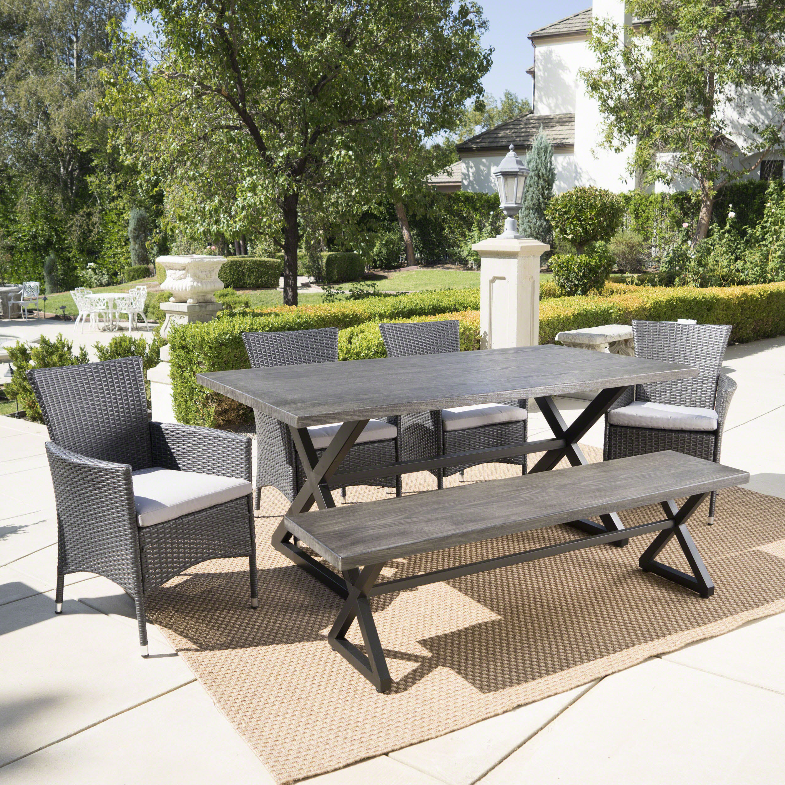 Owenburg Outdoor 6 Piece Aluminum Dining Set With Bench And Wicker Dining Chairs - Brown/Multi-brown
