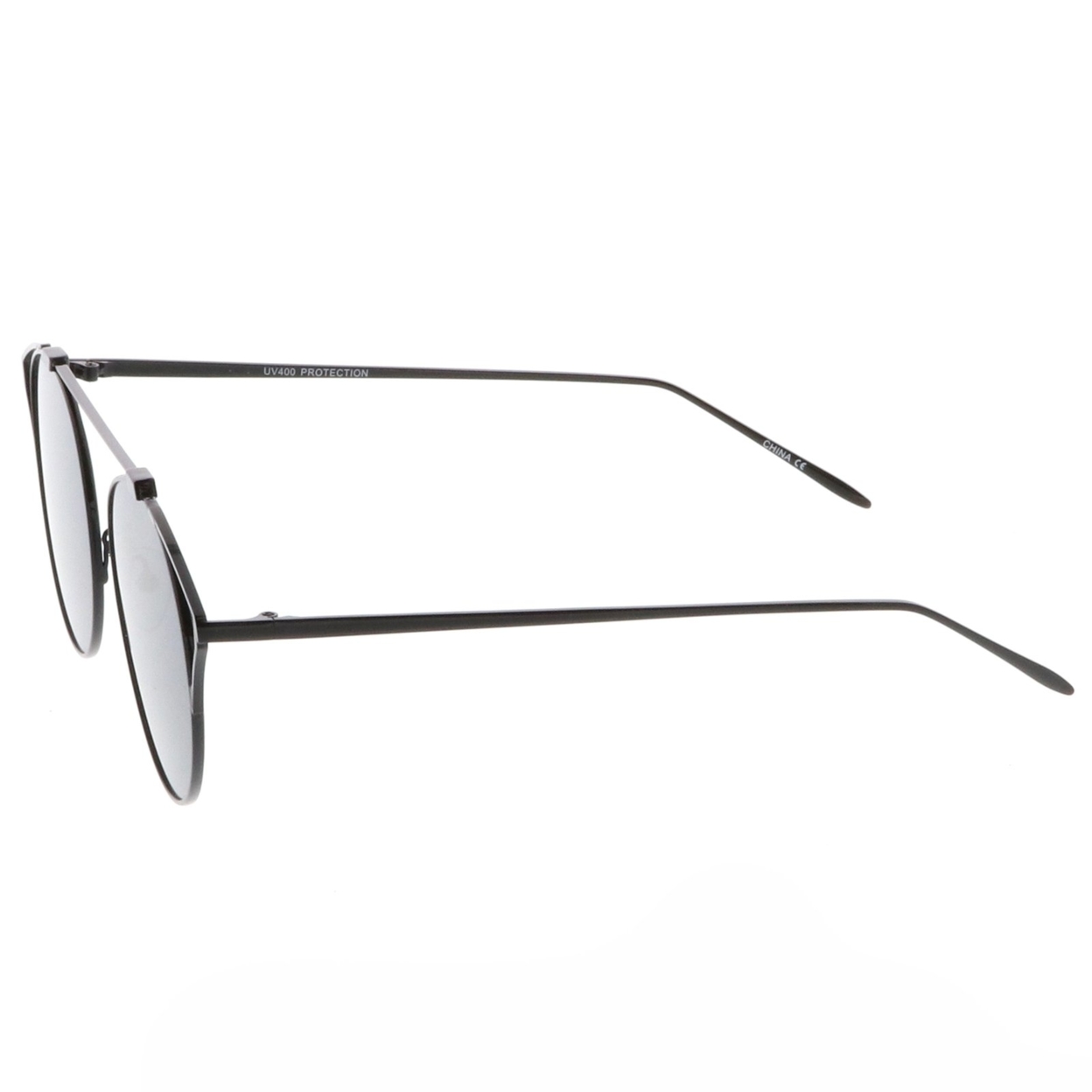 Oversize Open Metal Cat Eye Glasses With Crossbar Round Tinted Flat Lens 55mm - Black / Smoke