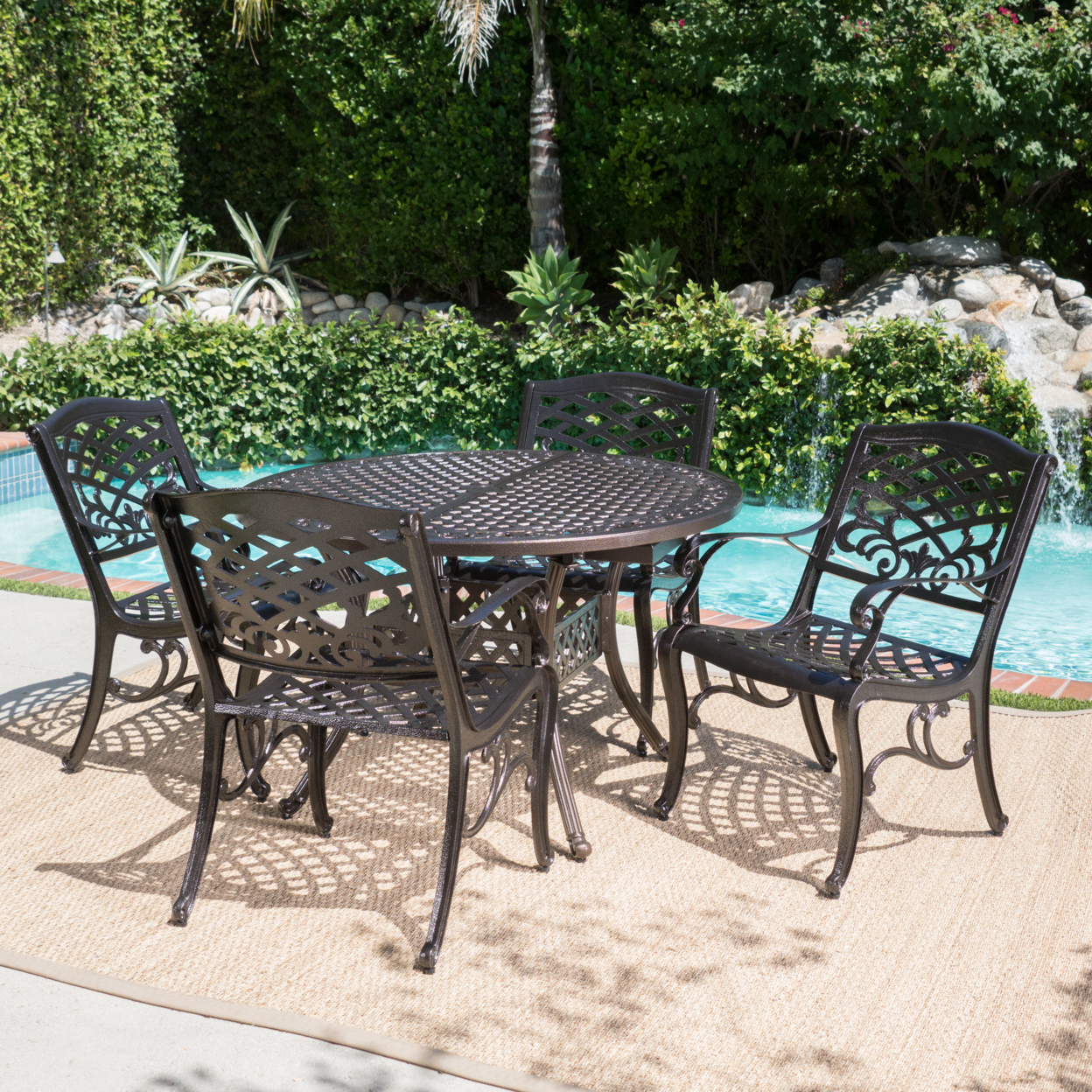 Clarisse Outdoor 5 Piece Hammered Bronze Finished Aluminum Dining Set With Expandable Table - Black Sand