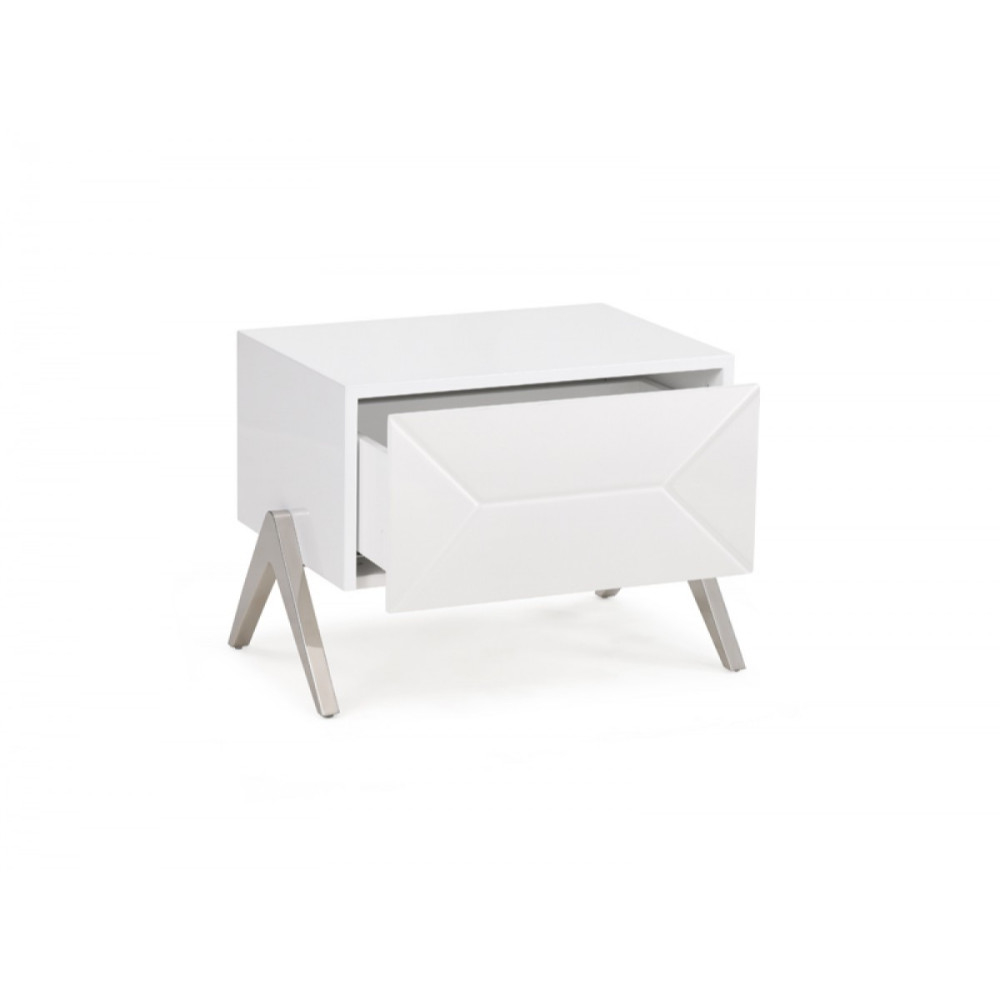 Wooden Nightstand With One Drawer And Inverted V Shaped Steel Legs, White And Silver- Saltoro Sherpi