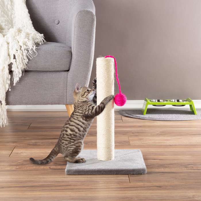 Cat Scratching Post Scratcher For Cats And Kittens With Sisal Rope And Square Base, Hanging Toy Ball For Interactive Play