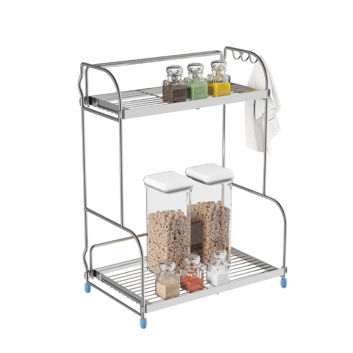 Kitchen Rack-2-Tiered Countertop Storage Shelves With 3 Side Hooks-Free Standing Organizer For Spices, Jars, Condiments And More